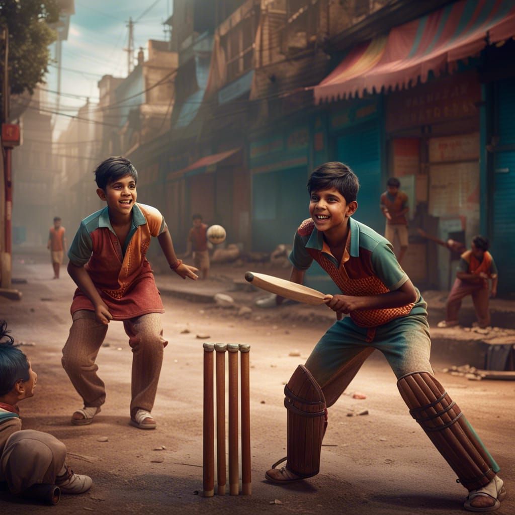Indian Boys Play Cricket: Detailed Matte Painting