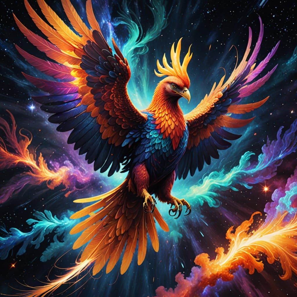 Phoenix Soaring Through Nebula in Vibrant Oil Painting