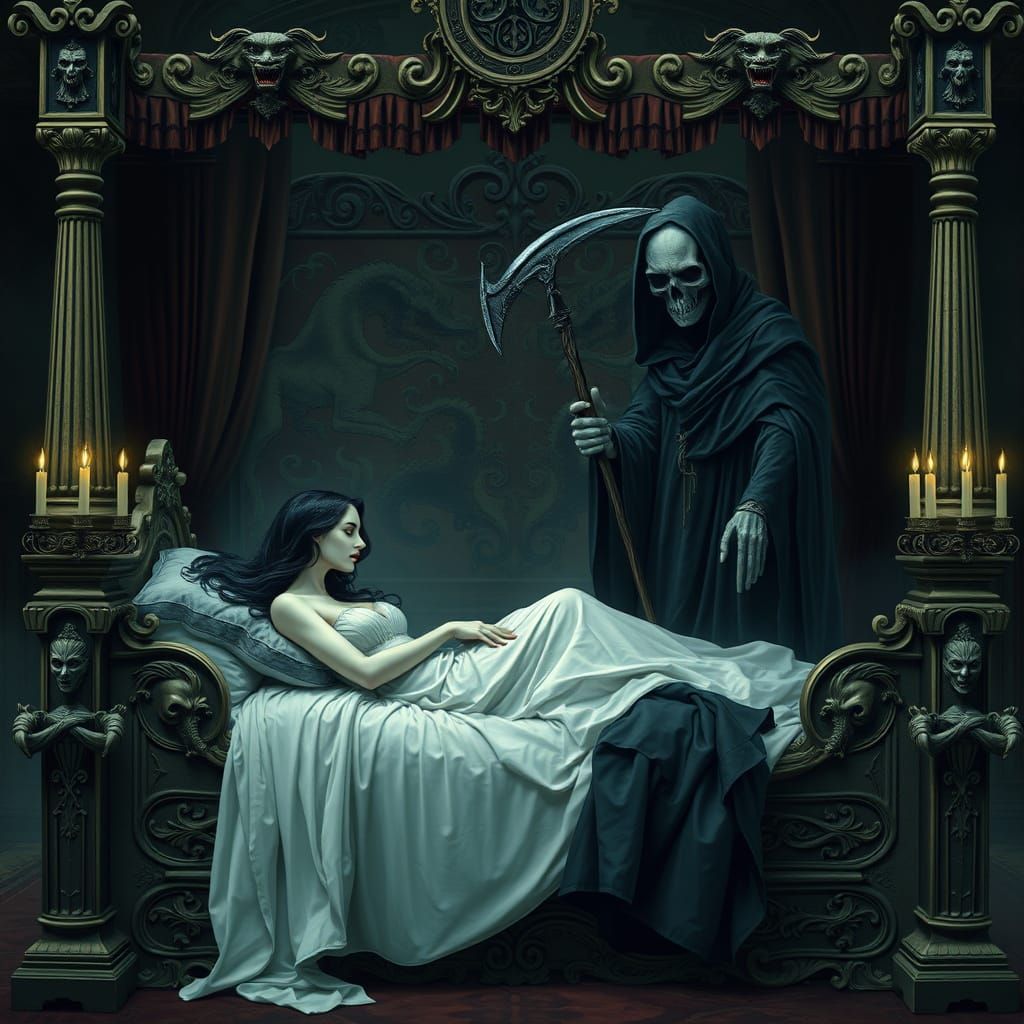 The Grim Reaper Beside a Serene Woman in a Gothic Bedroom