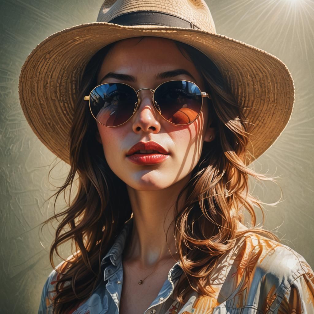 Hyperrealistic Woman in Hat with Sunlight Reflections