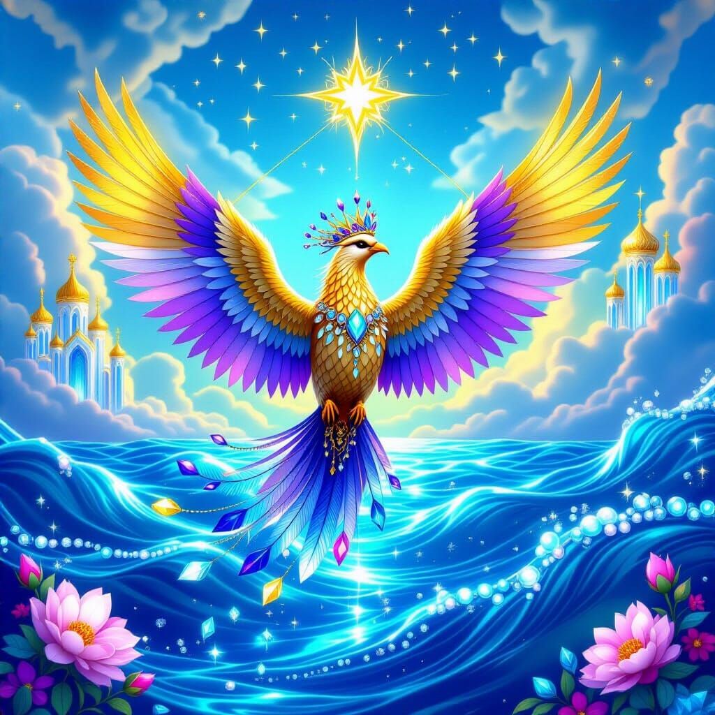 Majestic Jeweled Bird Ascending from Indigo Ocean