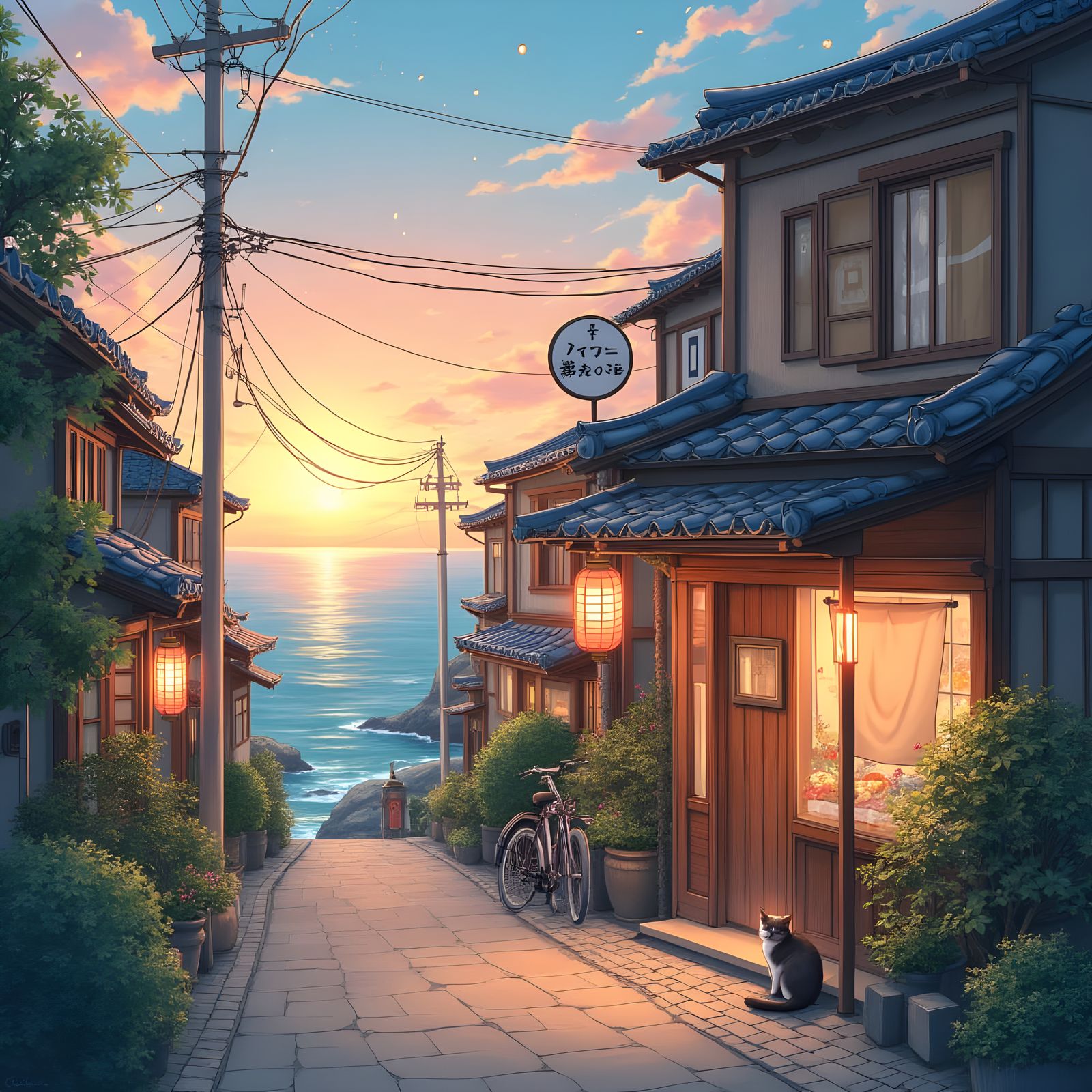 Japanese Seaside Town at Golden Hour
