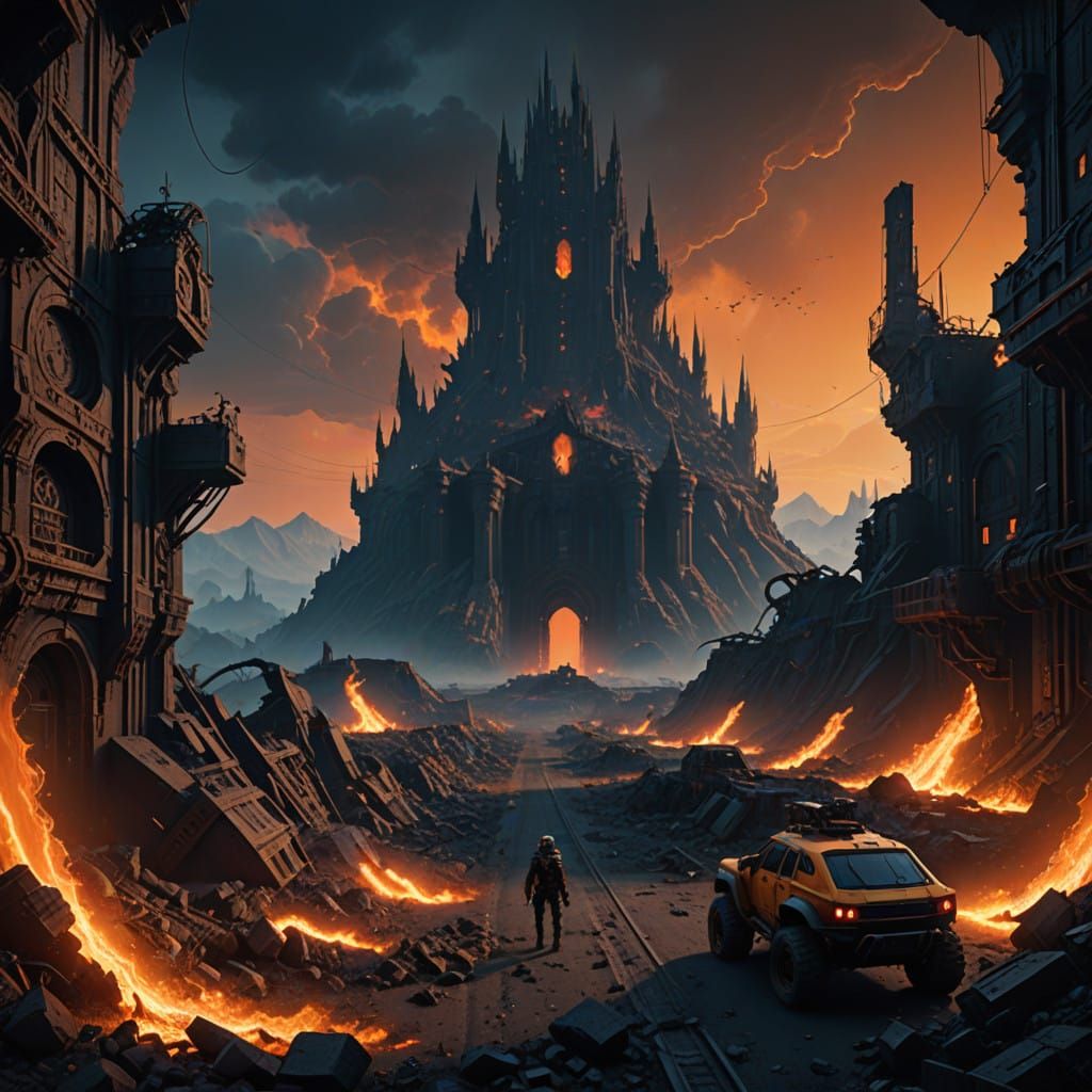 Cyberpunk Gothic Citadel in Apocalyptic Ruins