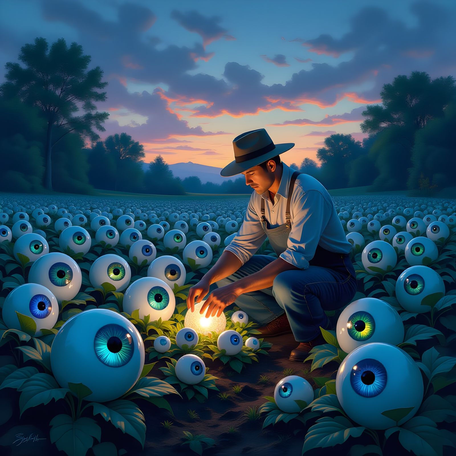 Farmer Tending Garden of Giant Eyeballs