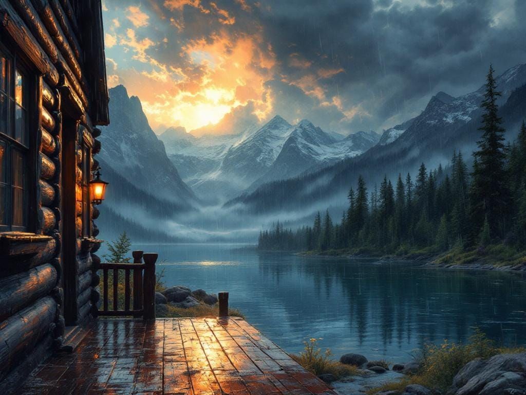 Mountain Lake Cabin in Summer Rain