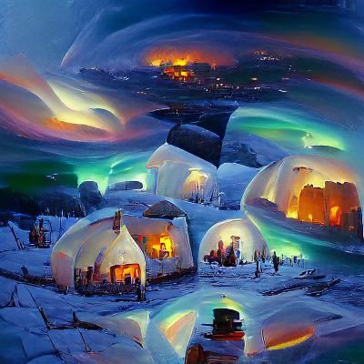 Igloo Village Under Aurora Borealis: Oil Painting