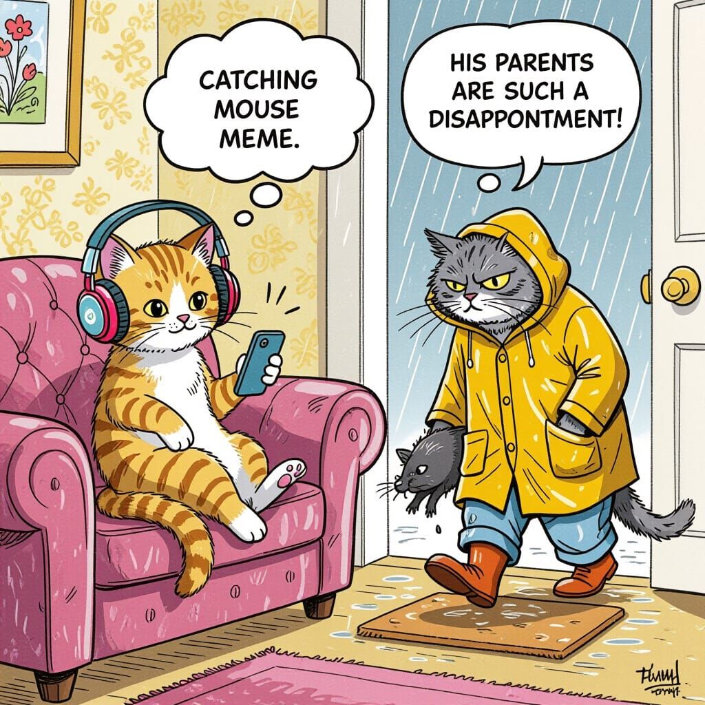 Humorous Cartoon of Cats with Smartphones and Rats