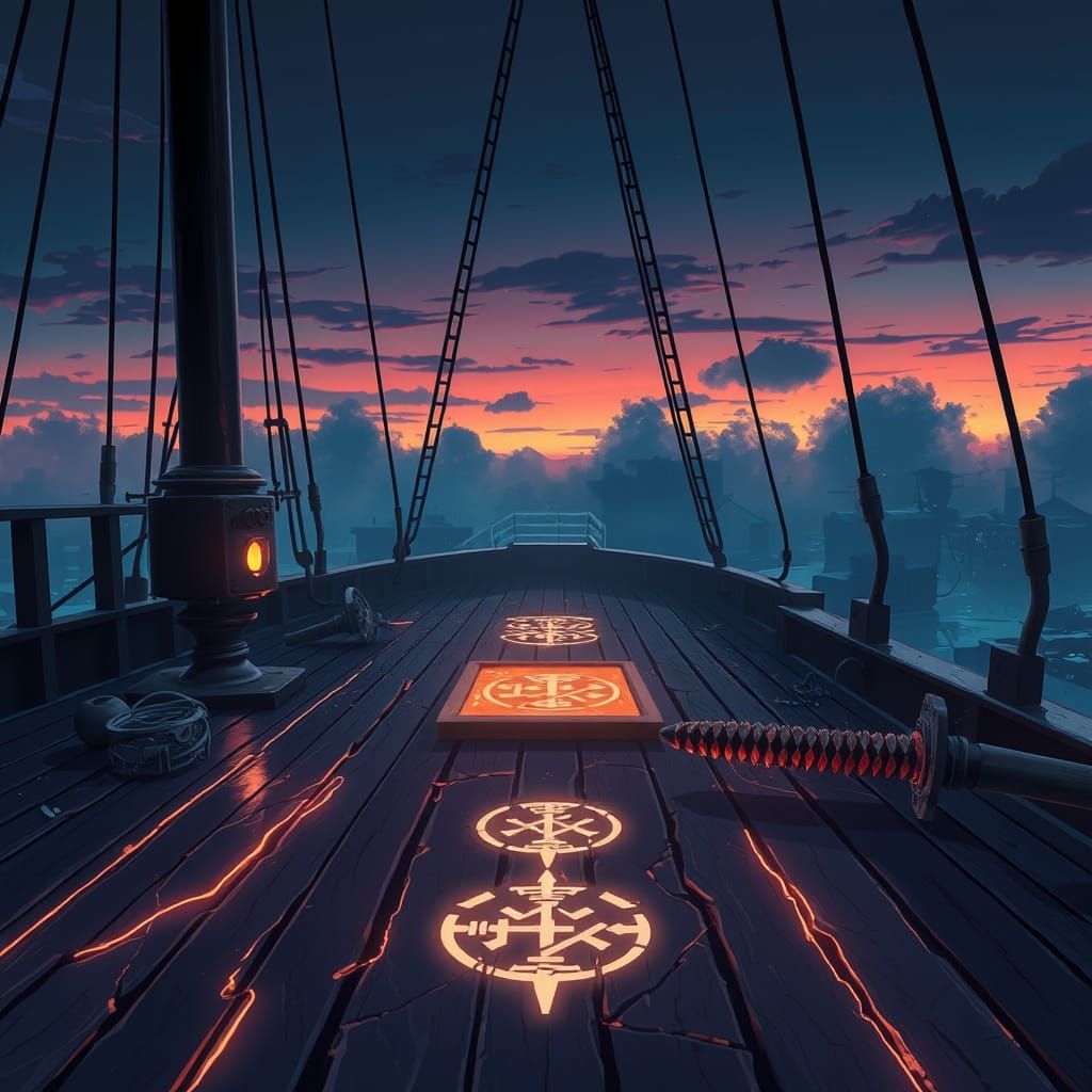 Ghost Ship Deck at Twilight in Anime Style