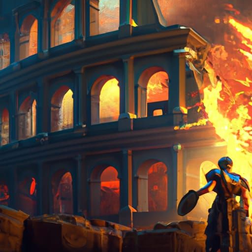 Burning Coliseum with Firefighter in Digital Art