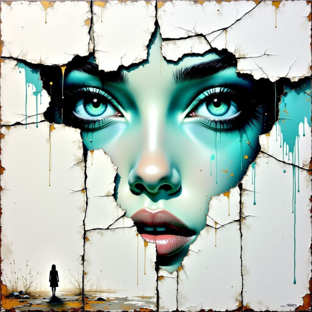 Fragmented Face Emerges from Wall in Impasto Painting