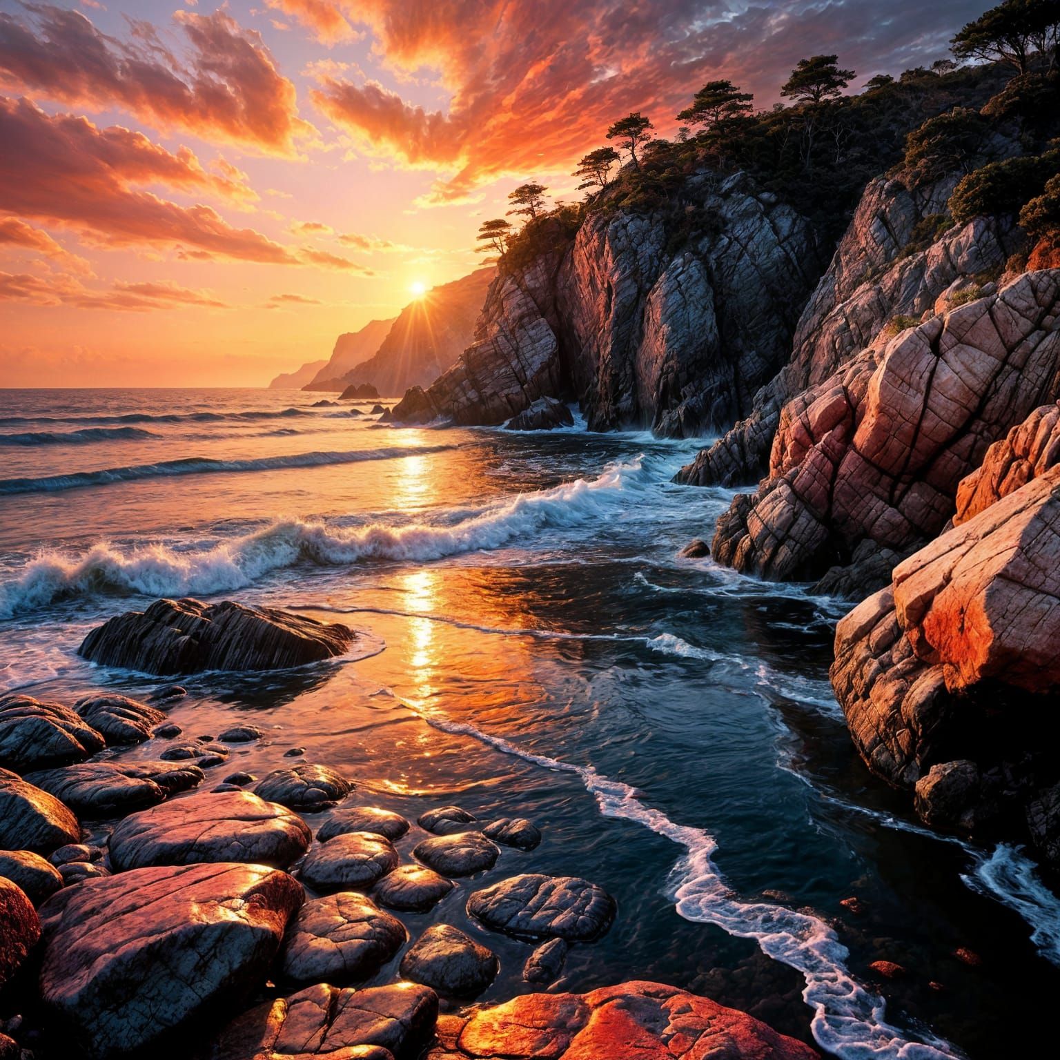 Pink Sunset Over Rocky Coastline Landscape
