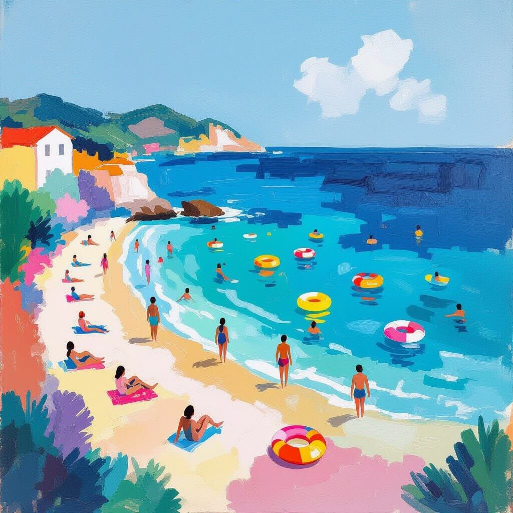 Abstract Beach Scene with Swimmers in Hockney Style