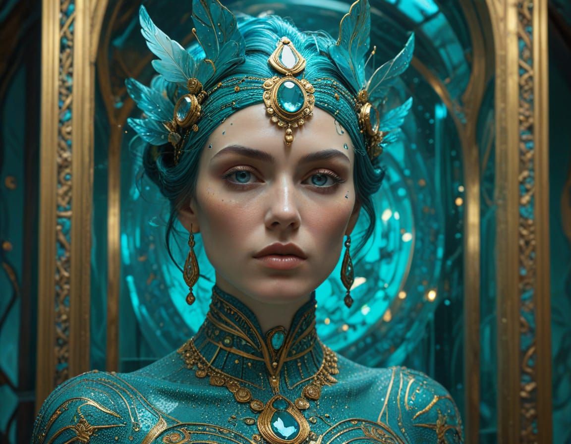 Ethereal Mystic in a Turquoise Mirrored Realm