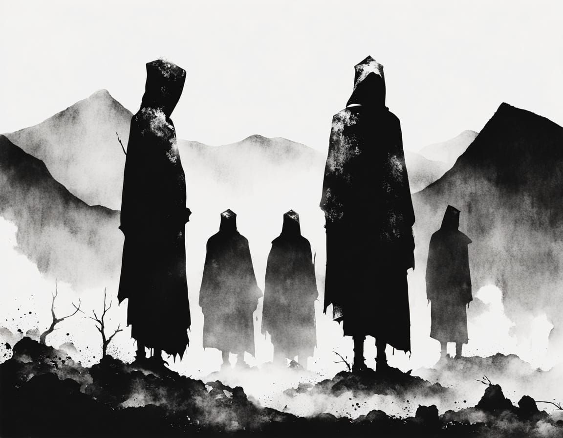 Creepy Monochrome Mannequins in Japanese Sumi-e Style