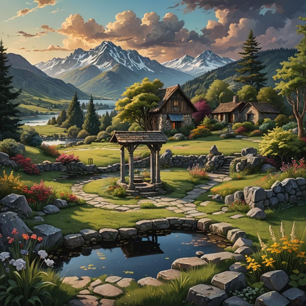 Old Well and Stone Cottage in Hyperrealistic Style