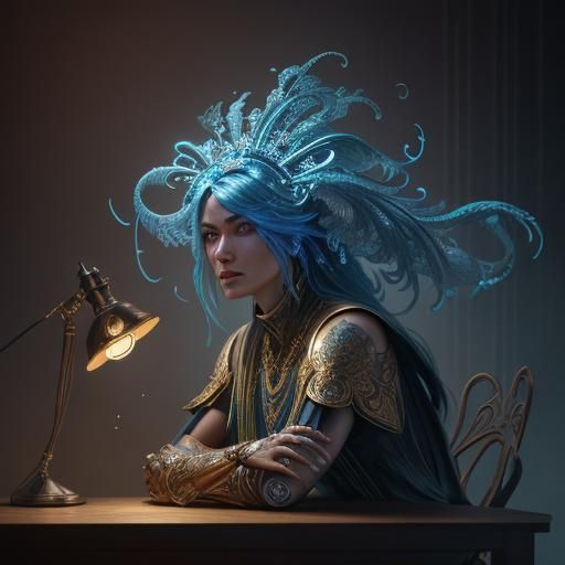 Ornate Sci-Fi Lamp with Blueprints, Hyperrealistic Digital A...