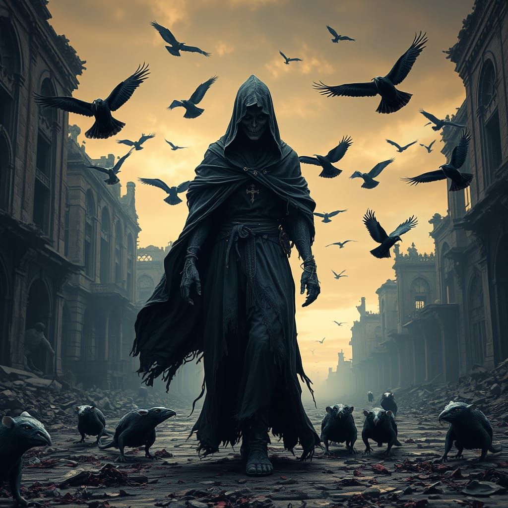 Dark Fantasy Witch Walks Amidst Desolate Abandoned City