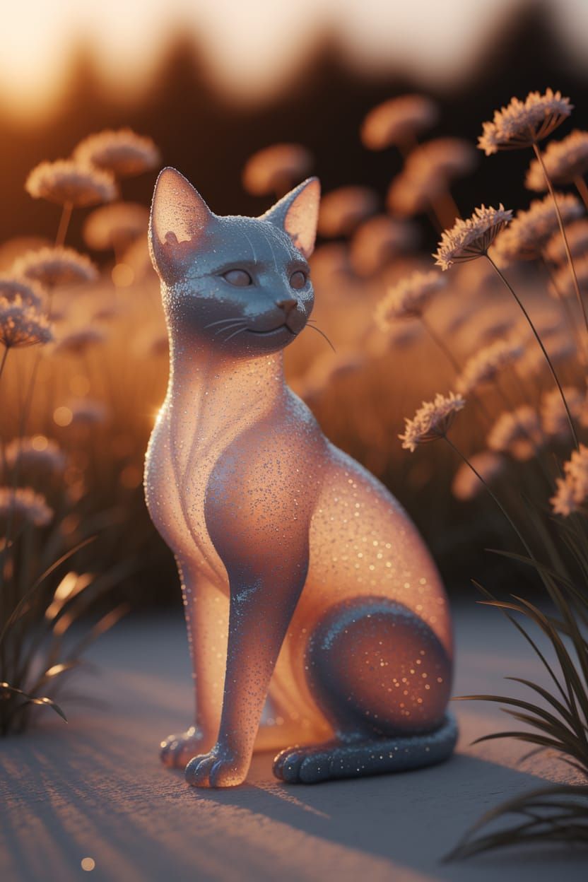 Sea Glass Feline Sculpture in Golden Hour Light