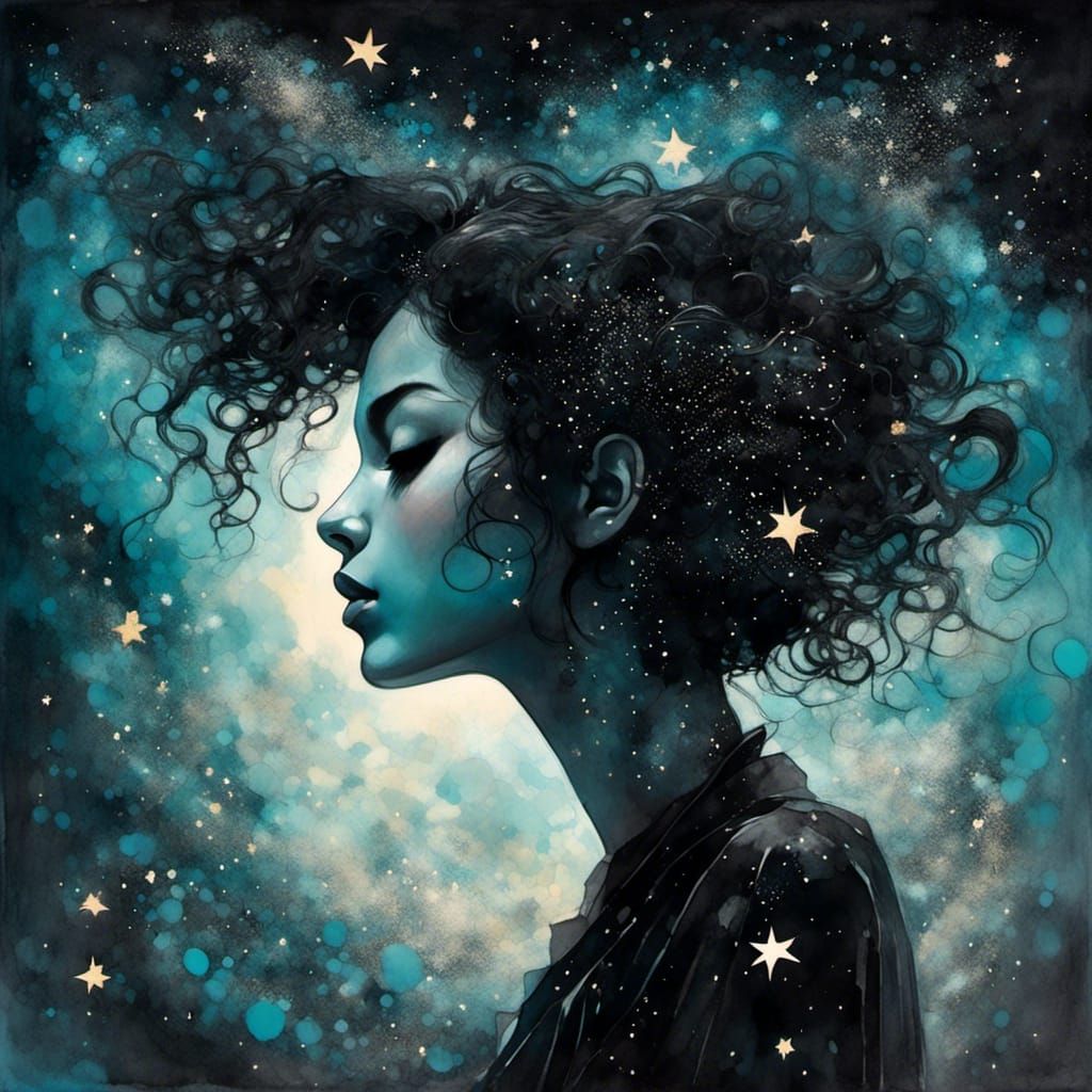Goth-Punk Girl Floating in Starry Night Sky