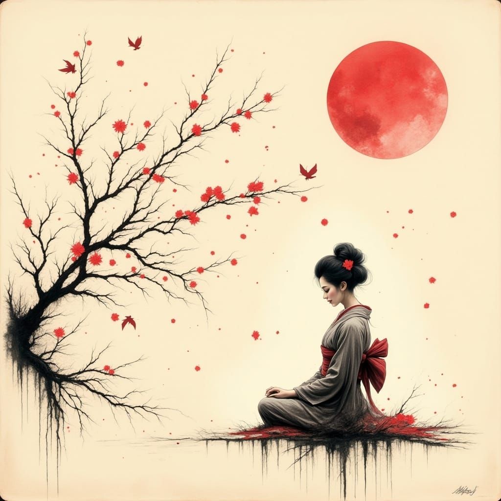 Surreal Geisha Meditates Under Bloodmoon