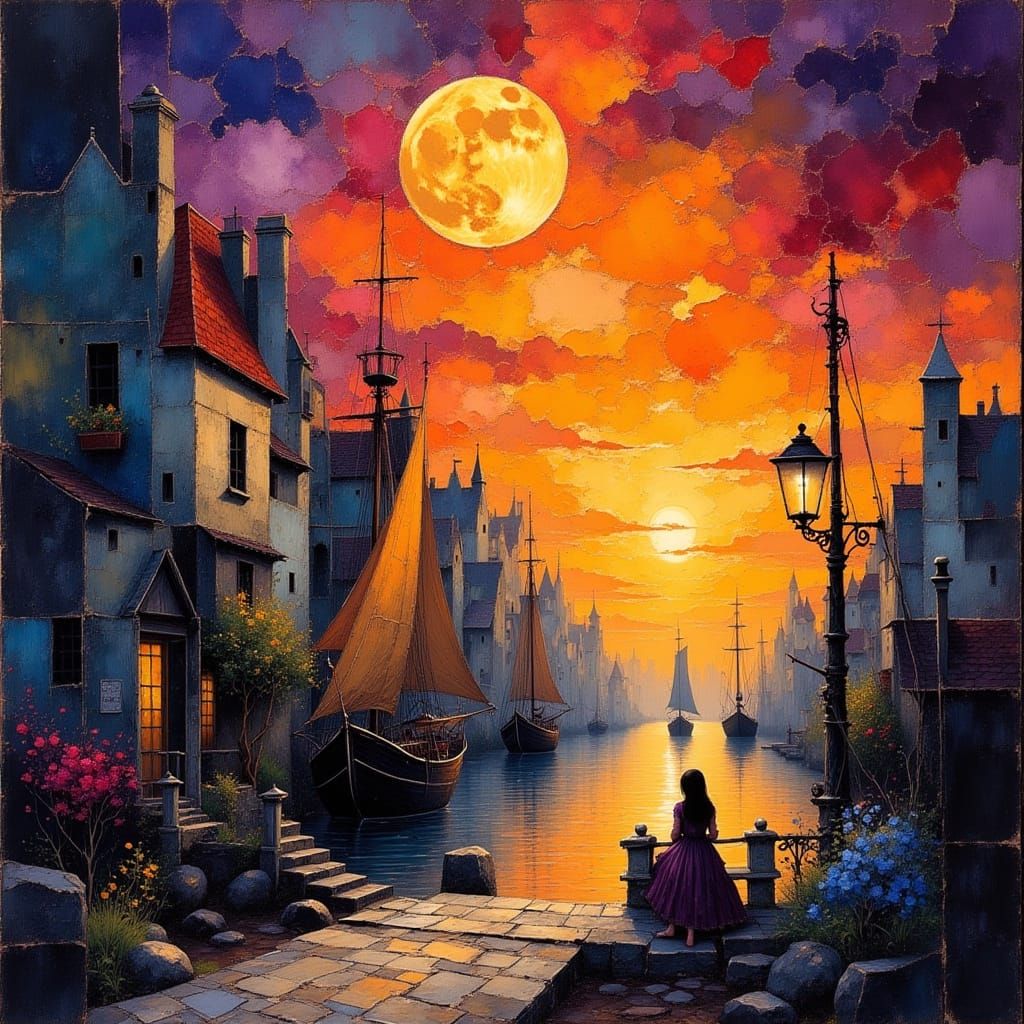 Sailing Ships Docking at Quaint Village at Sunset