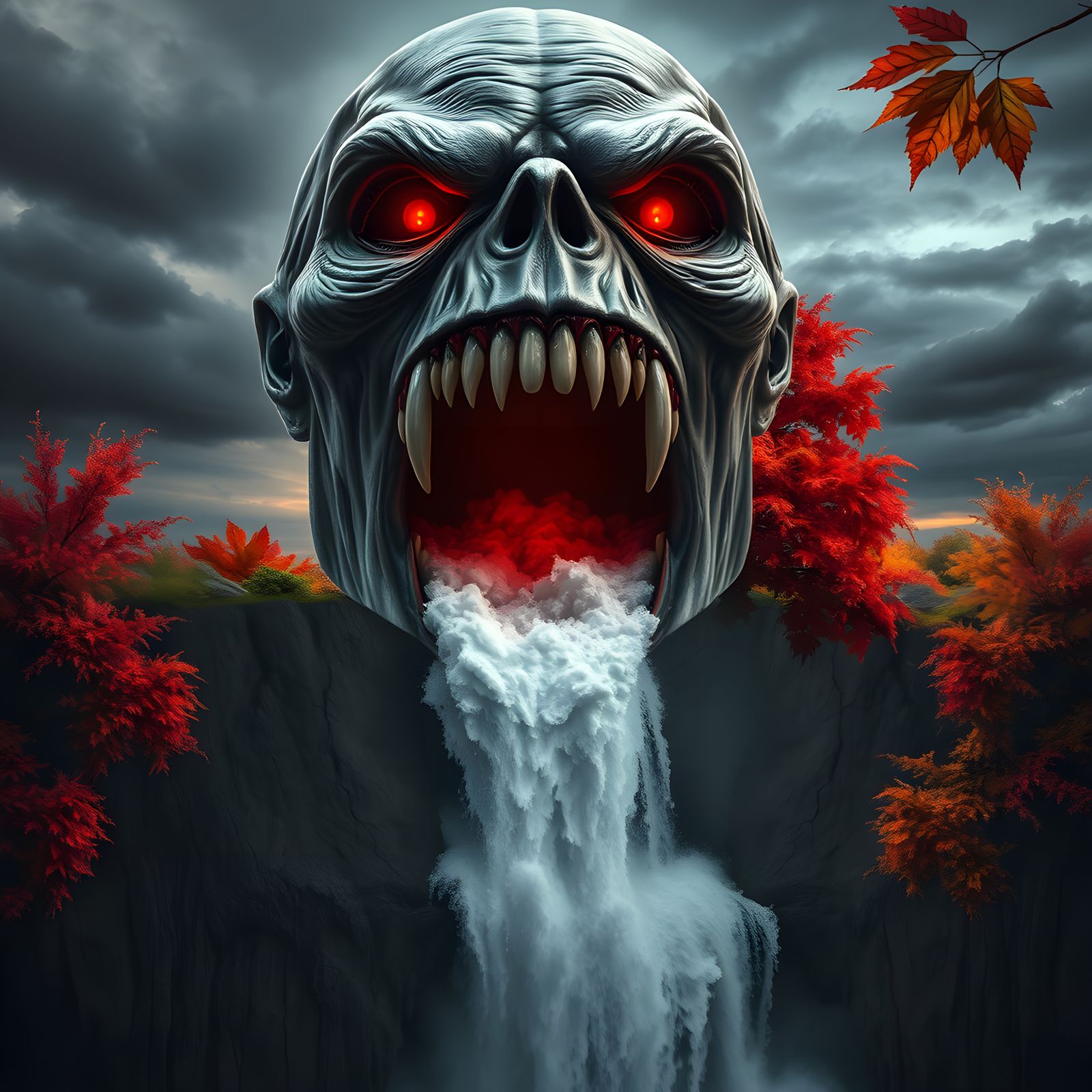 Monstrous Face Merging with Eerie Nature Scene