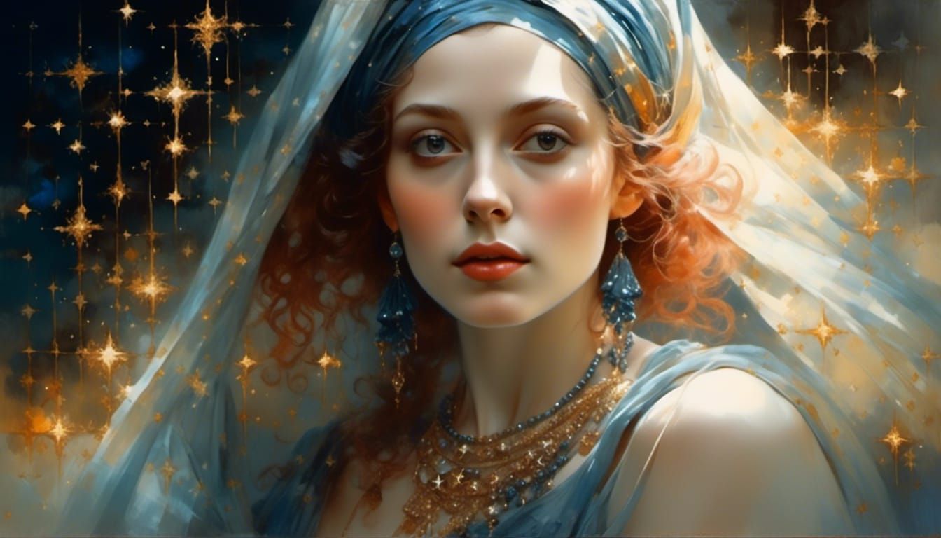 Woman in Starry Headscarf: Hyperrealistic Fantasy Portrait