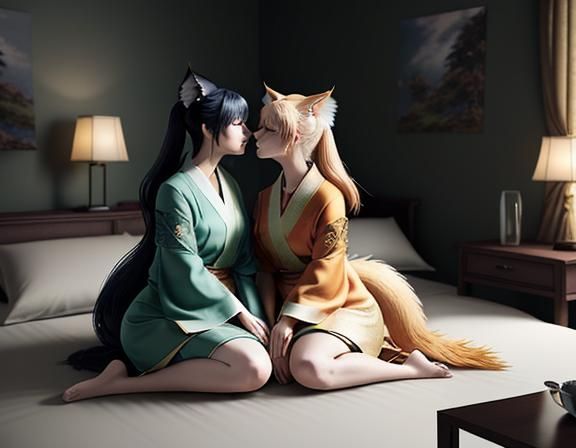 Two Female Kitsune Kissing in Manga Style