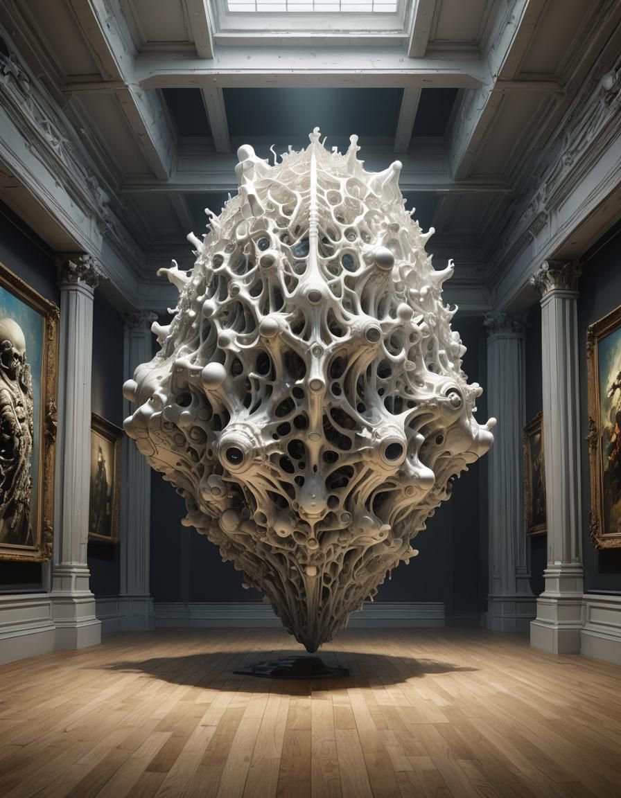 Amorphous Blob in Art Gallery, Hyperrealistic Biopunk