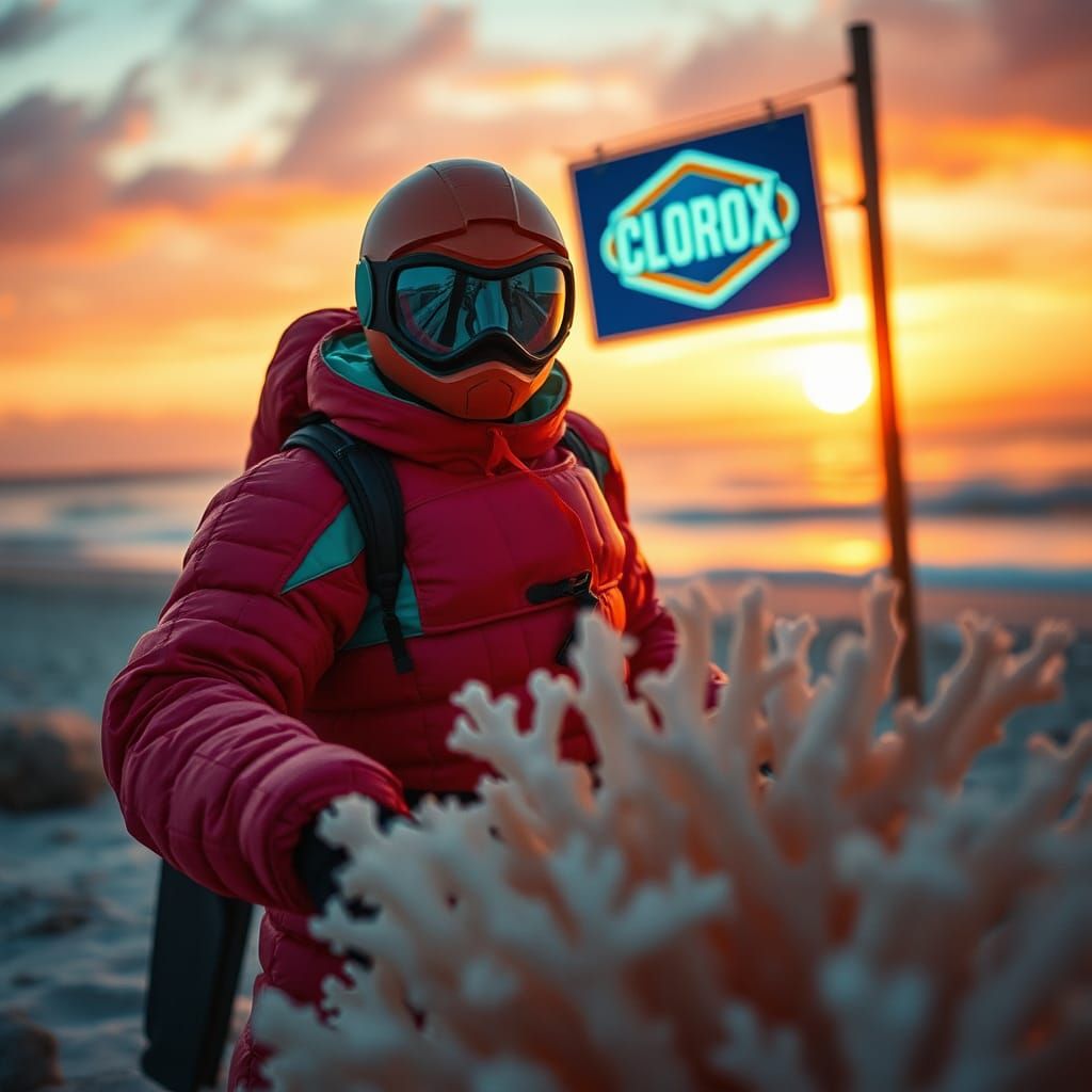 Coral Reef Superhero Patrolling Beach at Sunset