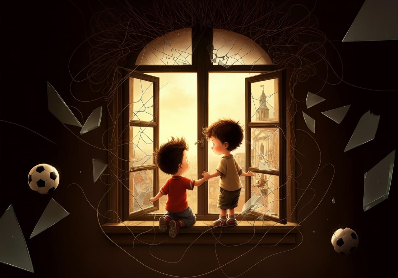 Boys Break Window Pane in Storybook Illustration Style