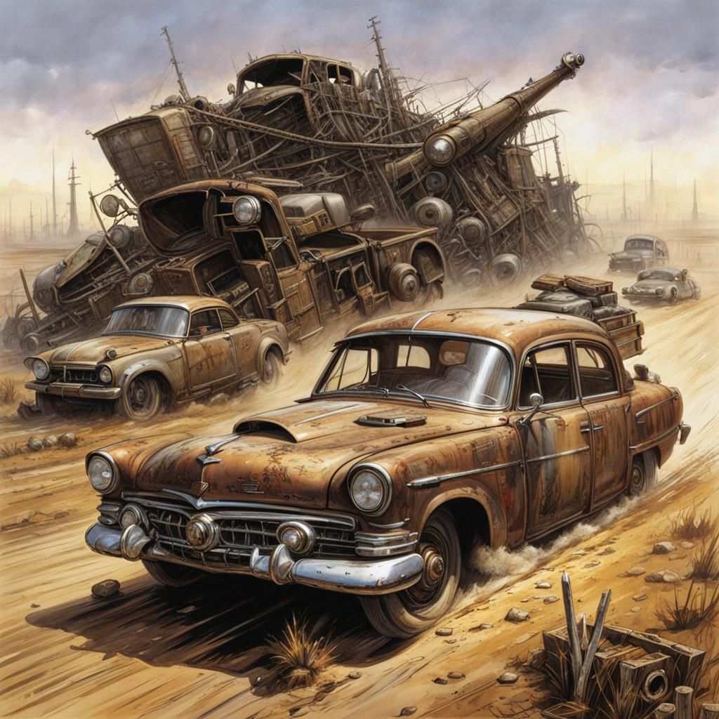 Post-Apocalyptic Junkyard Car Comic Illustration