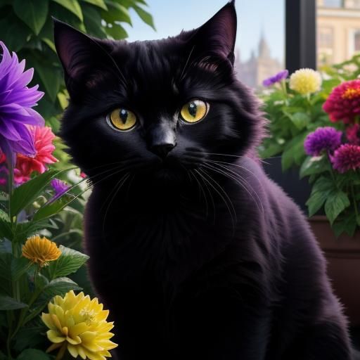 Fluffy Black Cat with Violet Eyes in Pot