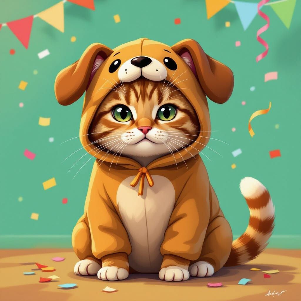 Confused Cat in Dog Costume Digital Painting