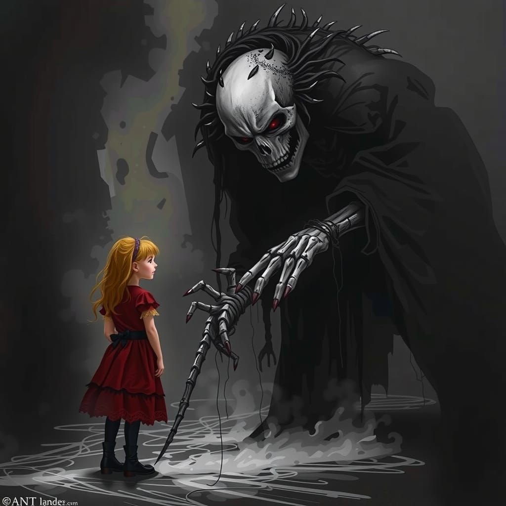 A colossal evil angry skeletal ghoul glowing red fiery eyes ...