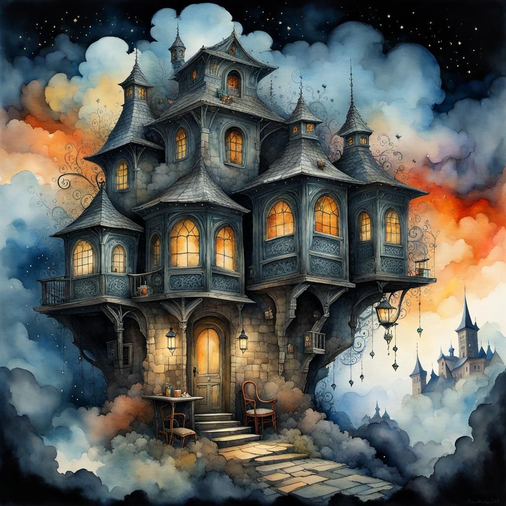 Mystic Attic Scene with Stone Golem in Watercolor