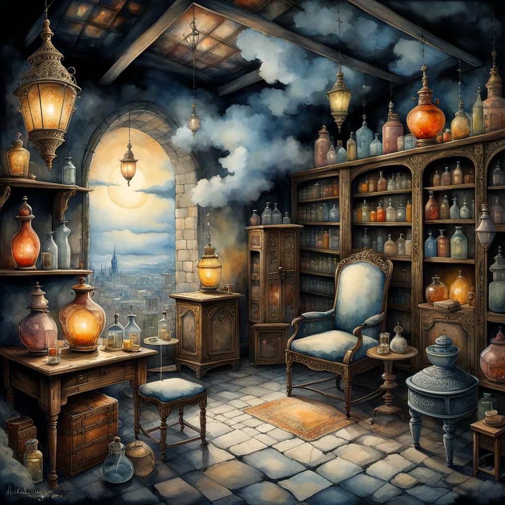 Stone Golem in Mystic Apothecary: Watercolor and Ink