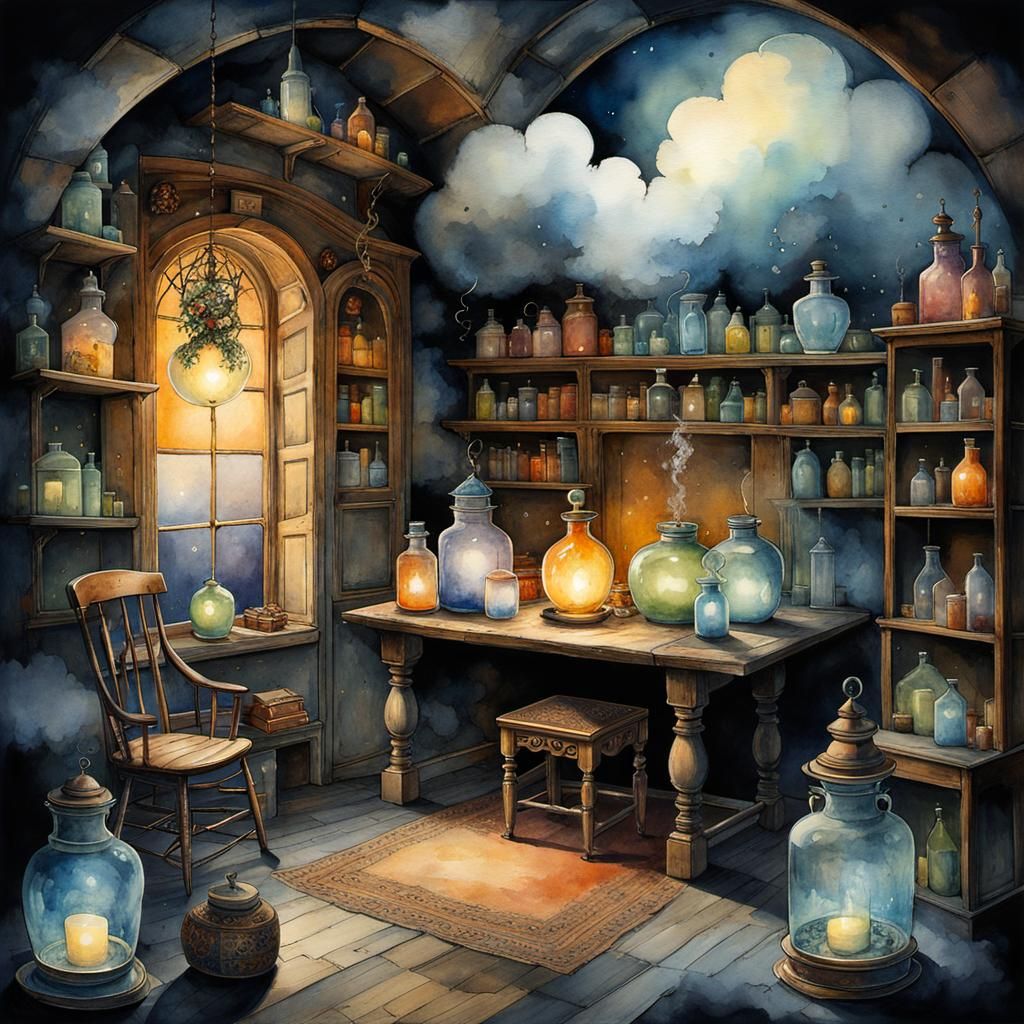 Stone Golem in Mystic Attic, Watercolor Ink Art