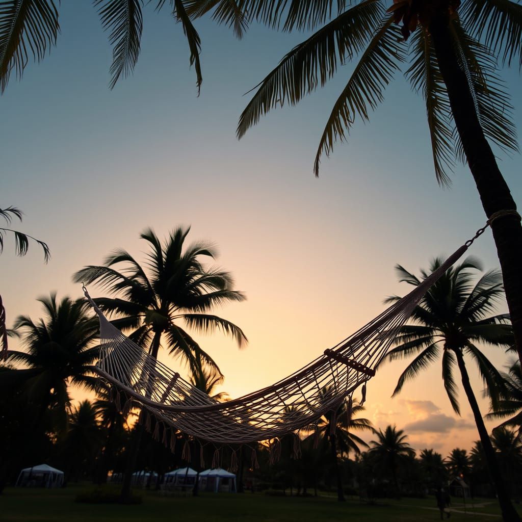 Hammock Swaying Between Palm Trees at Sunset