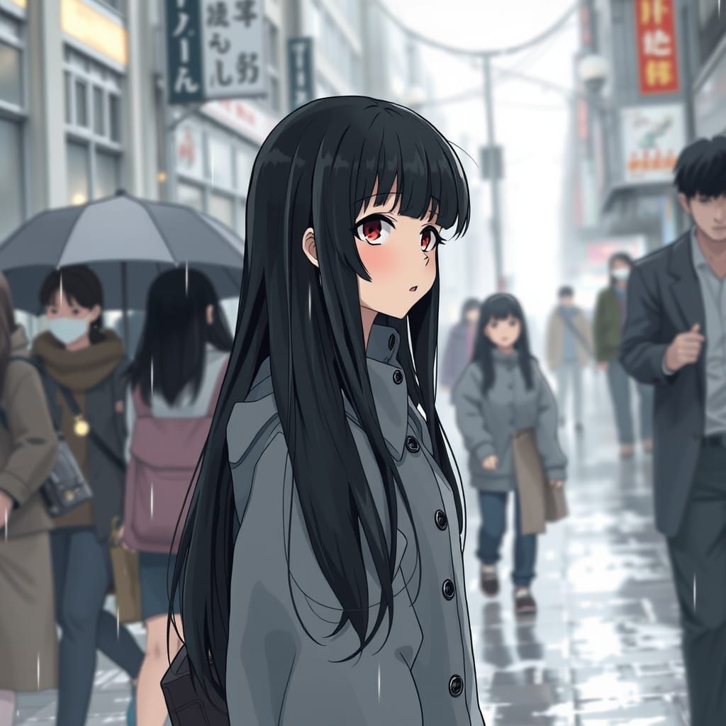 Anime-Inspired Girl in Rainy City