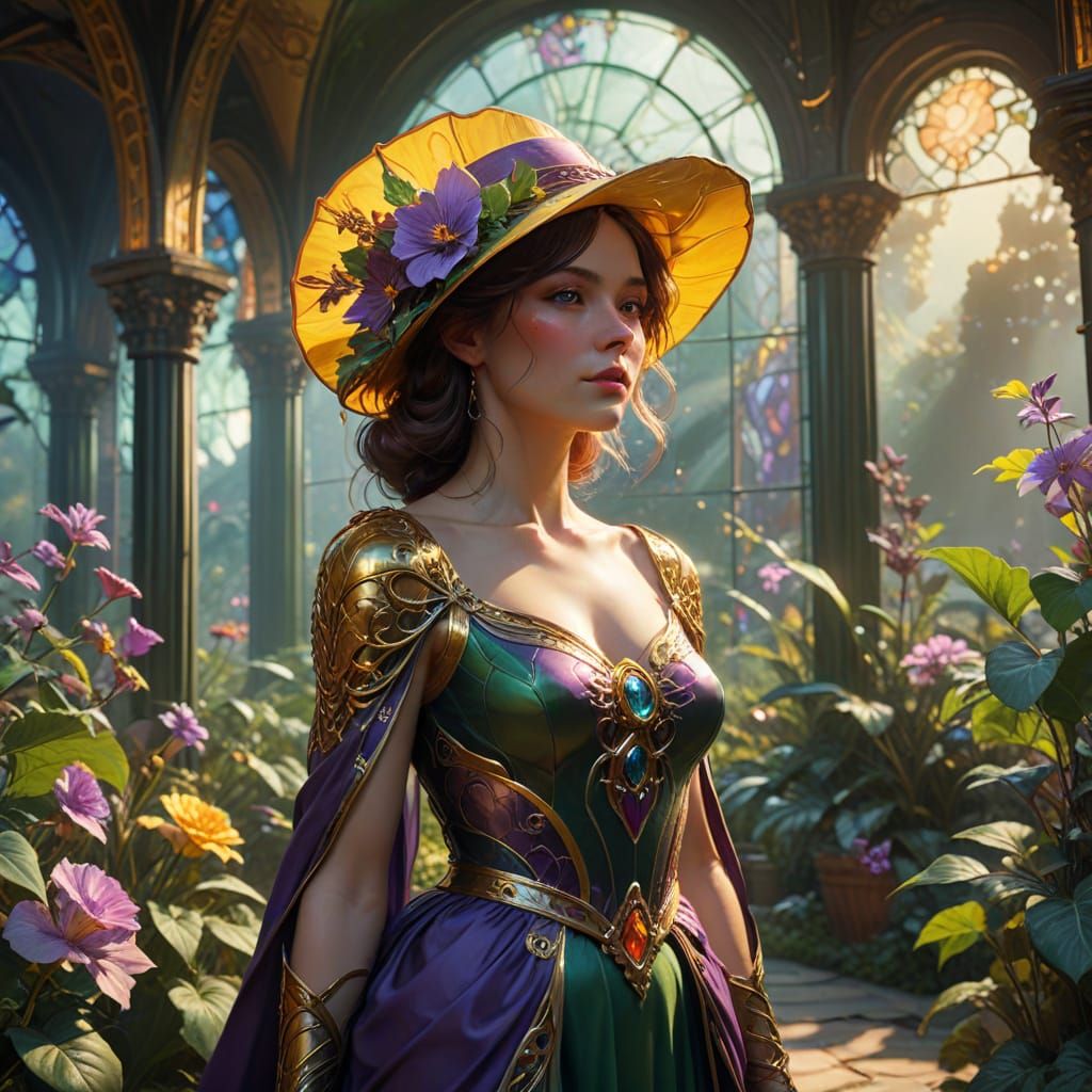 Elegant Gardener in Ancient Greenhouse