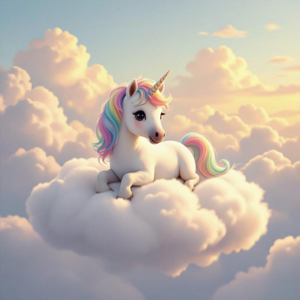 Whimsical Pony Floats on Cloud in Golden Hour Light