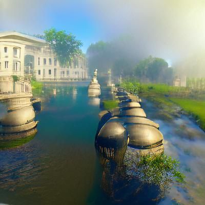 Misty Canal Between Neoclassical Buildings in 3D