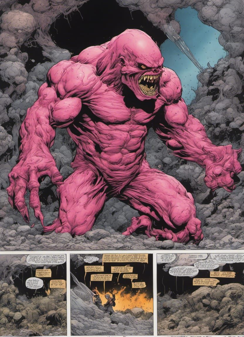Man Transforms Into Pink Monster, Comic Book Art