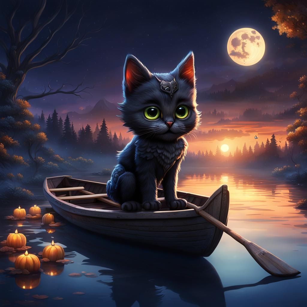 Kitten and Owl on Lake: Fantasy Concept Art