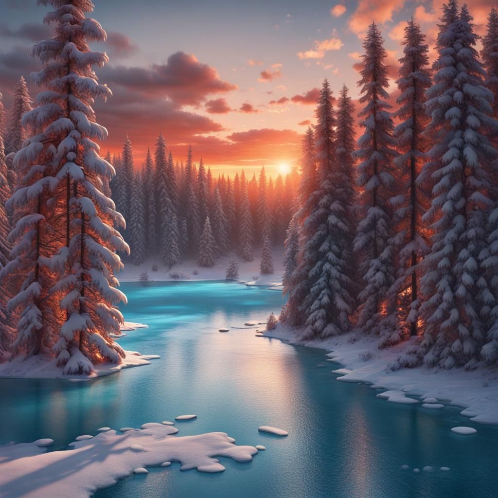 Turquoise Frozen Lake at Sunset: 8K Winter Landscape