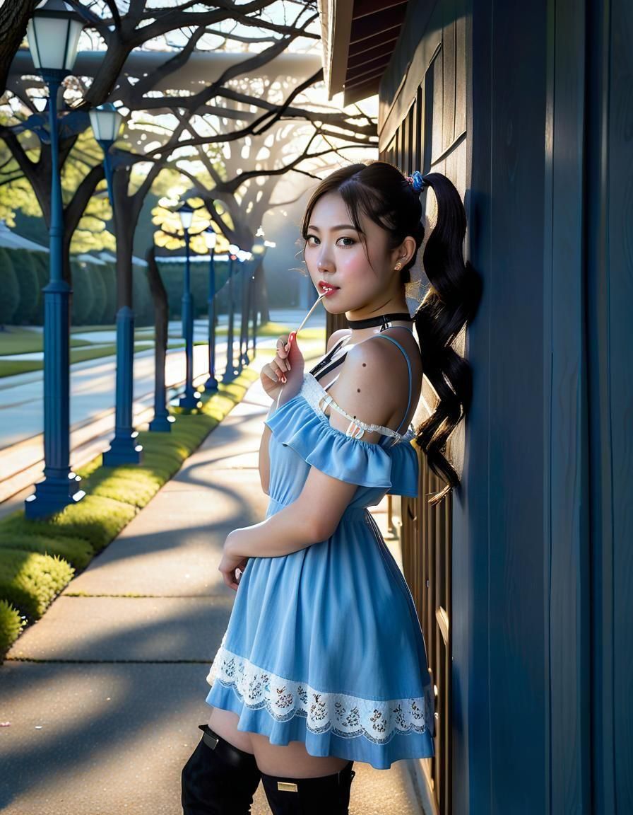 Korean Woman in Park: Chiaroscuro Oil Painting