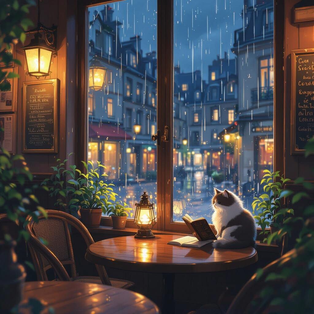 Cozy Parisian Cafe Interior at Night with Cat Reading
