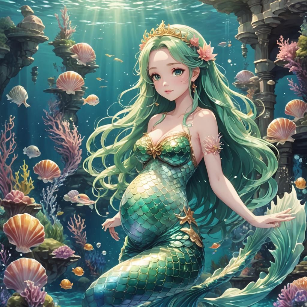 Anime Mermaid Queen in Underwater Palace