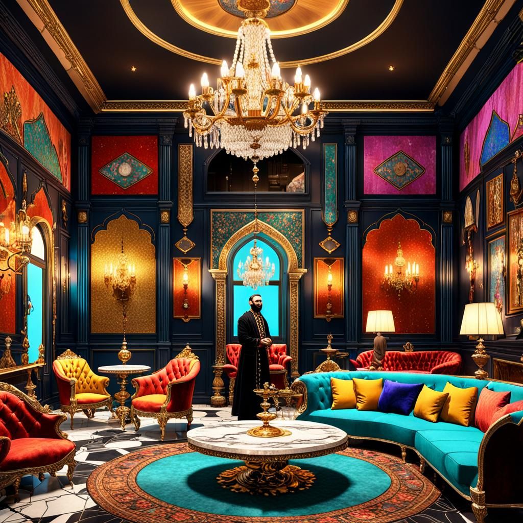Arab-Inspired Maximalist Living Room with Aristocratic Figur...
